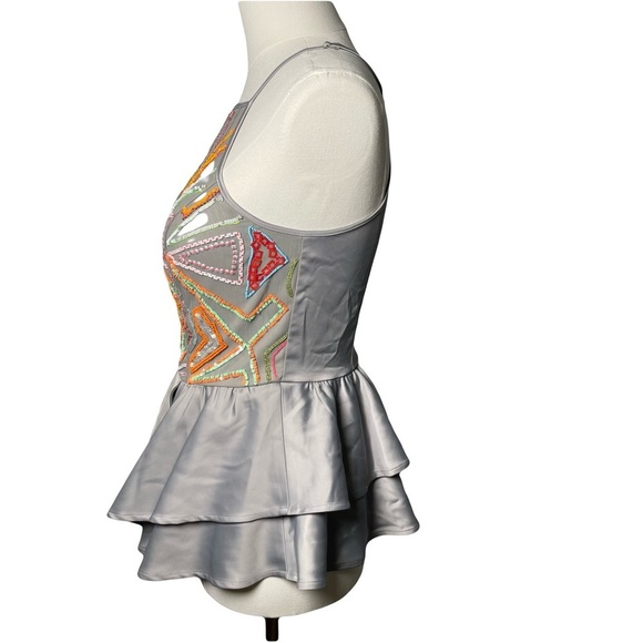 BEBE Beaded Satin Top Peplum Gray Satin Y2K Sleeveless Camisole Size S Halter - Picture 2 of 13